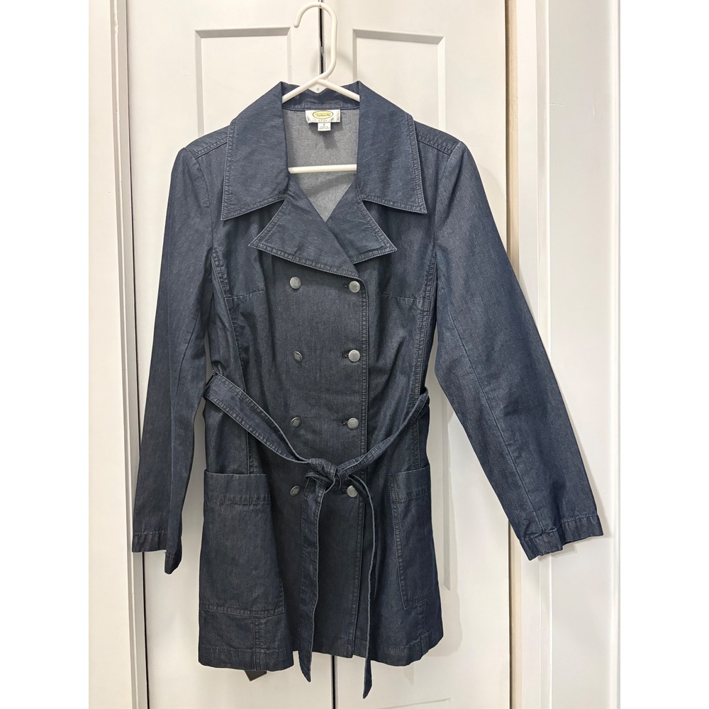 Talbots Womens Blue Denim Trench Coat Double Breasted Belted Jacket Size 6